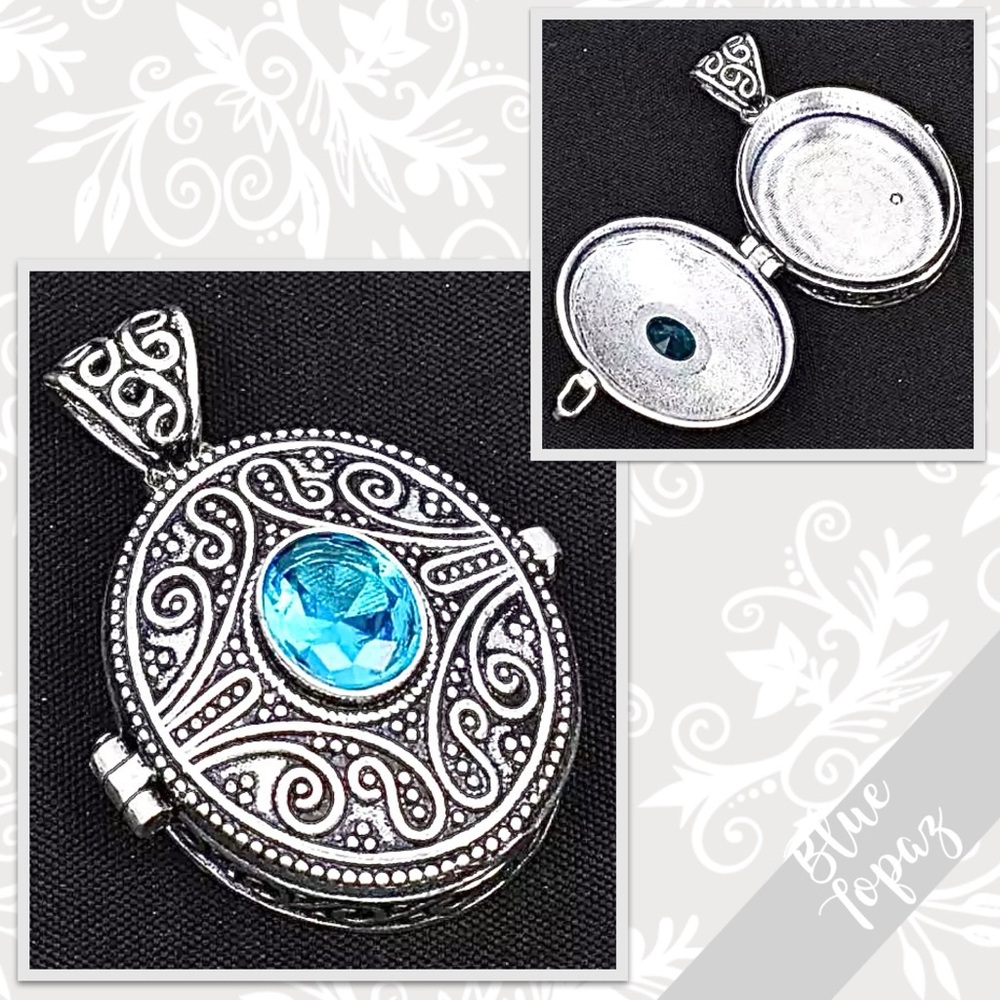 Blue Topaz Eclectic Silver Artisan Poison Pendant Locket, 1.68” (Turquoise Blue)